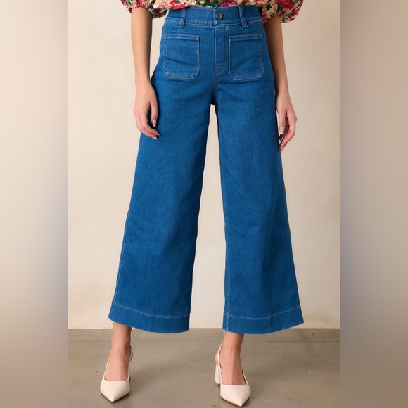 SPANXSHAPE® EVERYWEAR CROPPED WASHED BLUE WIDE LEG JEANS size large - Picture 1 of 9